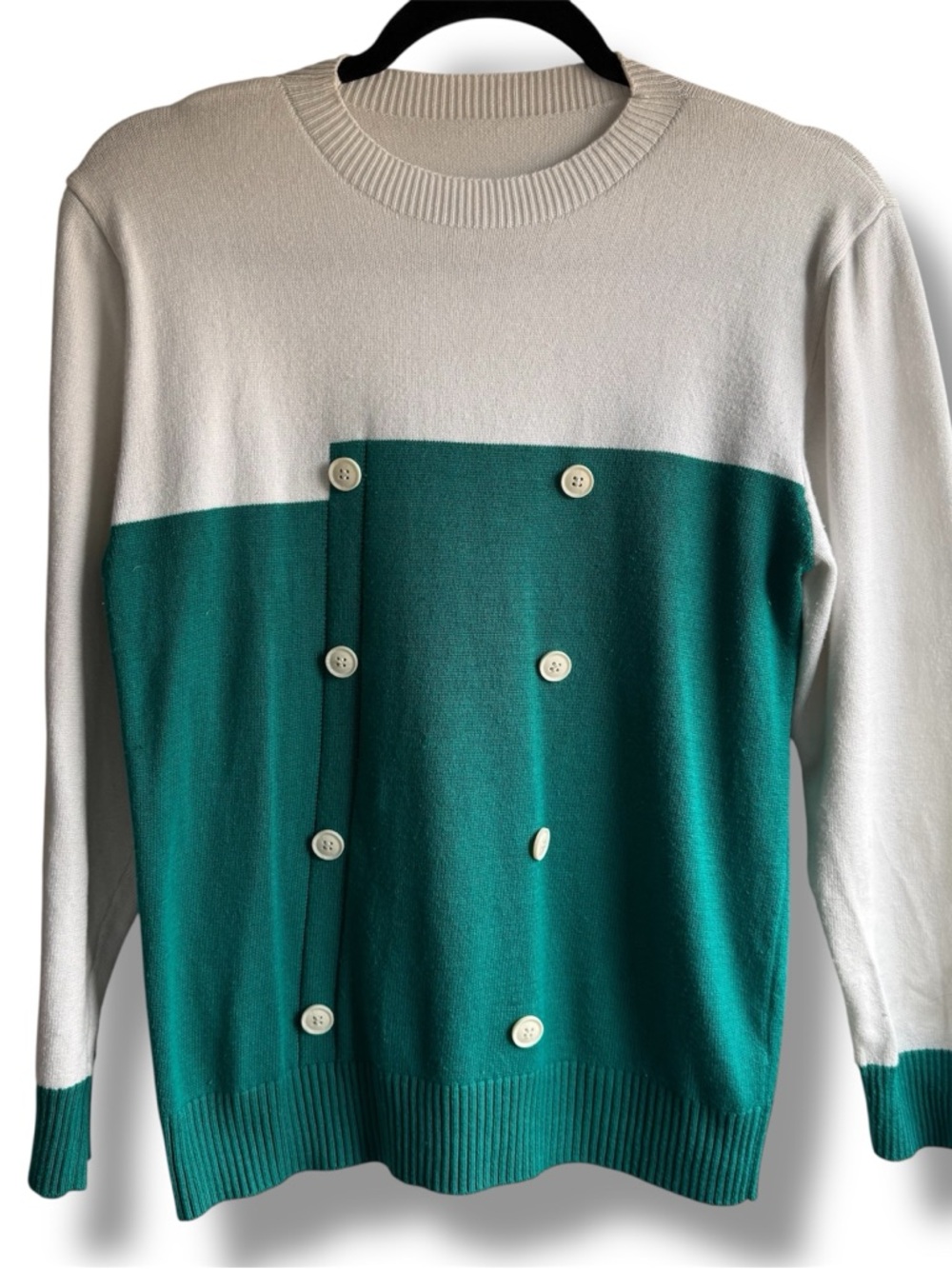 Vintage Color-block green white asymmetrical lightweight knit sweater Sz small